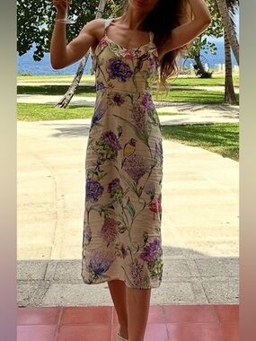 H&M Cream Floral Slip Dress with Purple and Green Accents